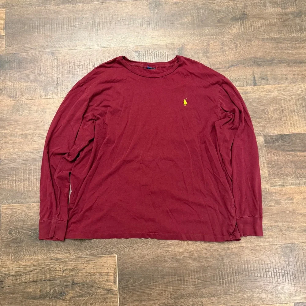 Polo Ralph Lauren Mens Long Sleeve T-Shirt Burgundy Maroon Yellow Pony XL